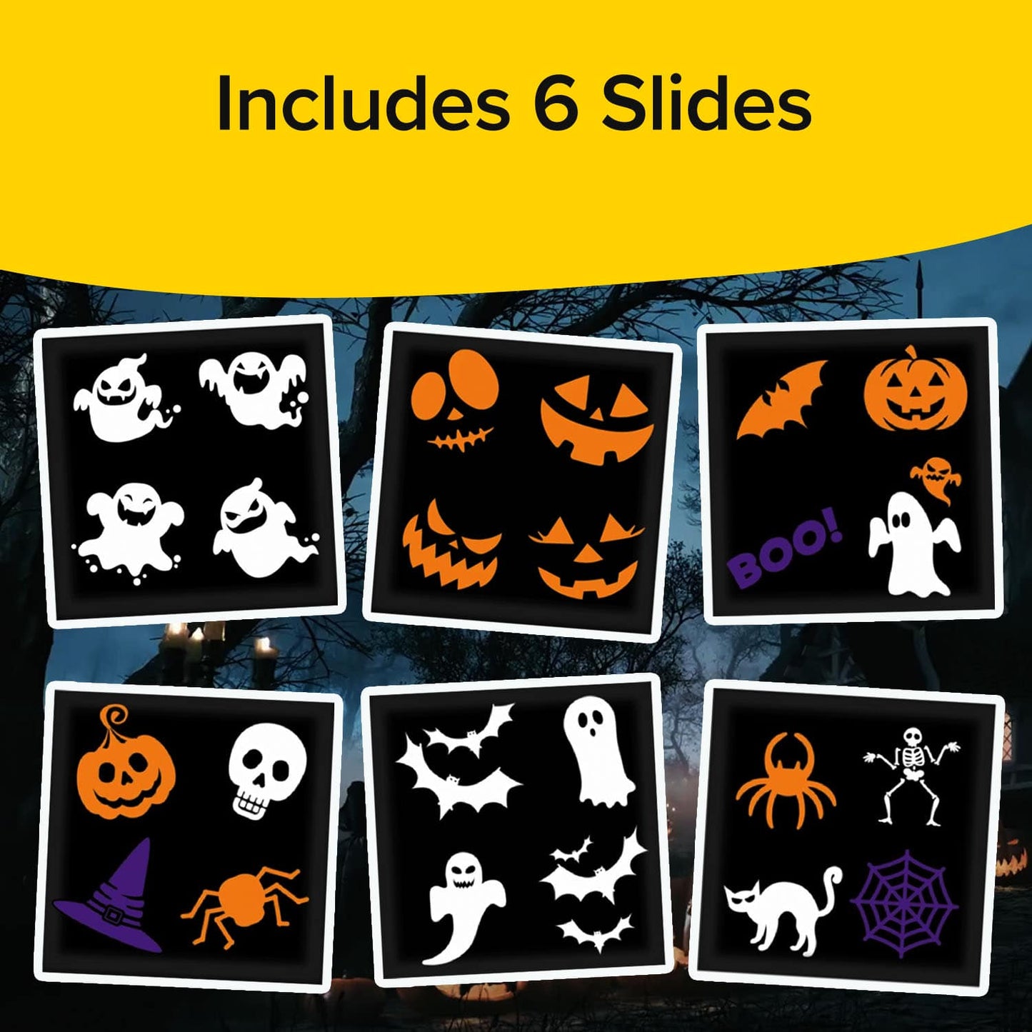 Image depicts six slides with various Halloween-themed silhouettes, including ghosts, jack-o'-lanterns, bats, skulls, witches' hats, spiders, and cobwebs. The text above reads "Includes 6 Slides.