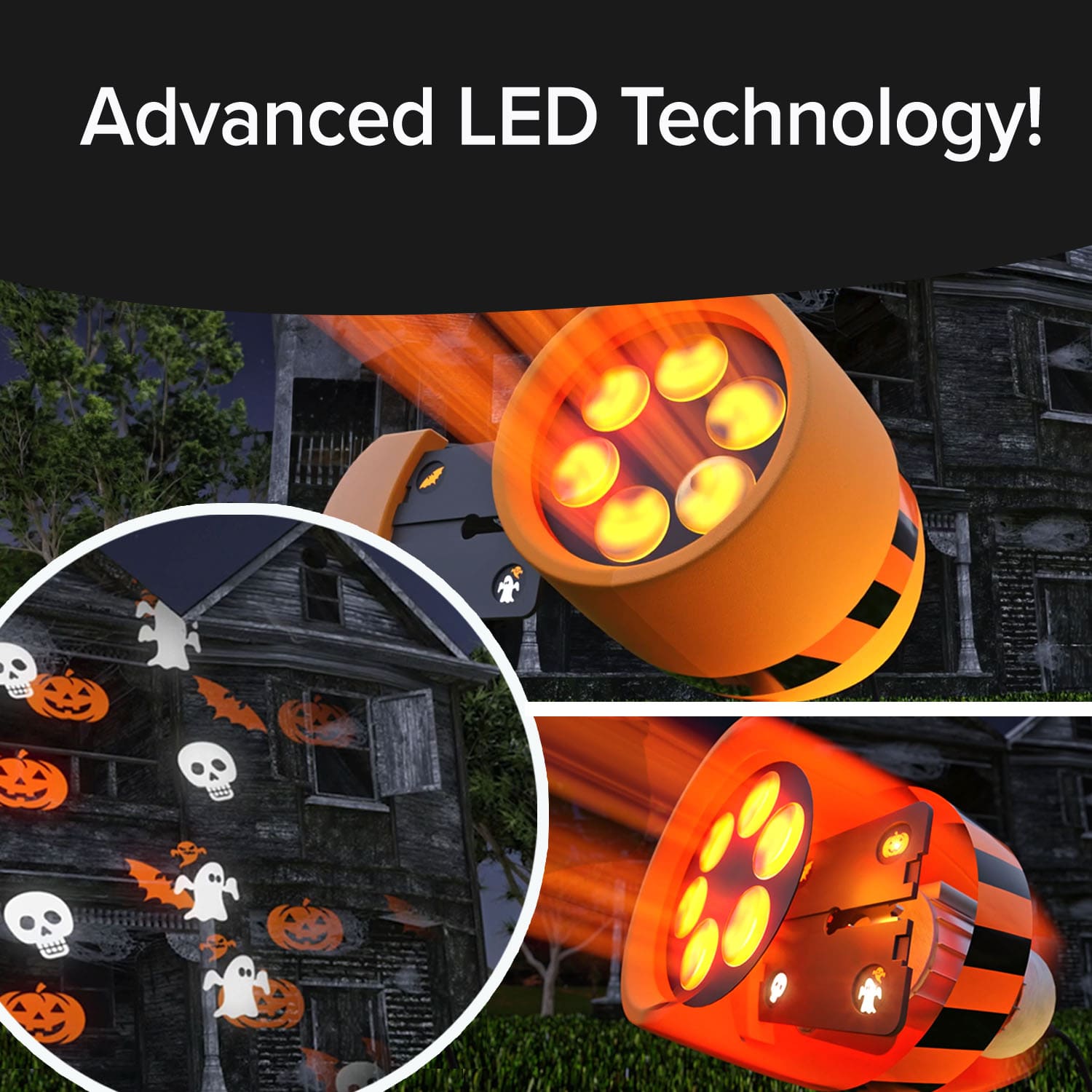 A device that projects Halloween-themed images, such as pumpkins, bats, and ghosts, onto the exterior of a house. Text reading with advanced LED technology on top